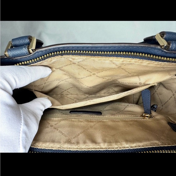 Michael Kors Navy MK Logo Satchel with Gold-Tone Hardware - Picture 12 of 14